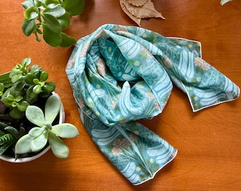 Silk Scarf | Dragonfly Nouveau | Artist-Drawn in Peach, Periwinkle, Green