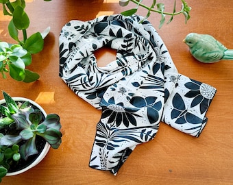 Silk Scarf | Artist-Designed with Sunflowers, Butterflies, Dragonflies, Botanicals (Black & White)