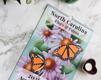 2026-27 Wall Calendar | North Carolina Flora & Fauna | Juy 2026-June 2027 | Artist-Drawn Flowers, Pollinators, Animals | Gift for Teacher