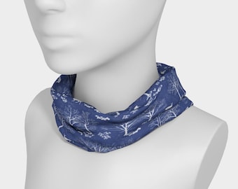 Headband and UPF50 Neck Wrap | Forest Ephemerals with Deer, Trees, Wildflowers | Artist-drawn in Indigo, Pale Blue