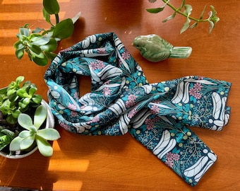 Silk Scarf | Dragonfly Nouveau | Artist-Drawn Dragonflies, Cosmos Flowers, Apples, Blueberries (Jeweltones)