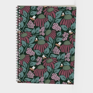 Spiral Notebook | Purple Coneflower, Pink Phlox,  Whimsical Bumblebees | Carolina Spring Glory in Purple | Hand-drawn Art | Bluefae Studio