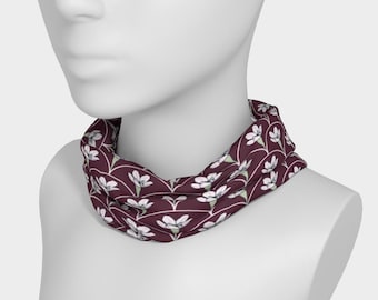 Headband and UPF50 Neck Wrap |Spring Beauty Scallop | Artist-Drawn Wildflowers in Redbud pink