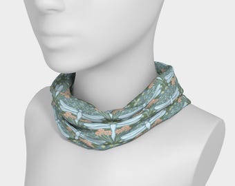 Headband and UPF50 Neck Wrap | Dragonfly Nouveau | Artist-drawn dragonfly, apples, blueberries |Pastels Pink, Green, Blue