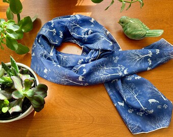 Silk Scarf | Forest Ephemerals | Artist-Designed with Deer, Trees, Wildflowers | Indigo and Gray Mist