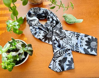 Silk Scarf | Artist-Designed with Sunflowers, Butterflies, Dragonflies, Botanicals (Monochromatic Blue)