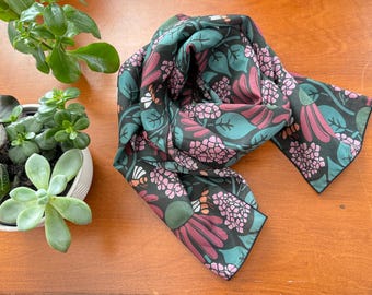 Silk Scarf with Coneflower & Phlox Wildflowers and Bumblebees (Pink, Plum, Green-Blue)