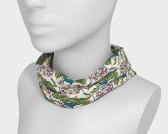 Headband and UPF50 Neck Wrap | Artist-Drawn Spotted Salamanders and Spring Ephemeral Wildflowers | Boho Natural Colors
