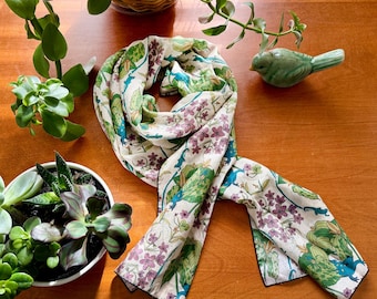 Silk Scarf | Artist-Designed with Wildflowers and Spotted Salamanders (Boho Natural Colorway)
