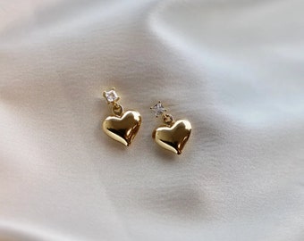 Gold Puff Heart Stud Earrings