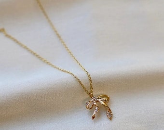 Gold Bow Necklace - Trendy, Coquette