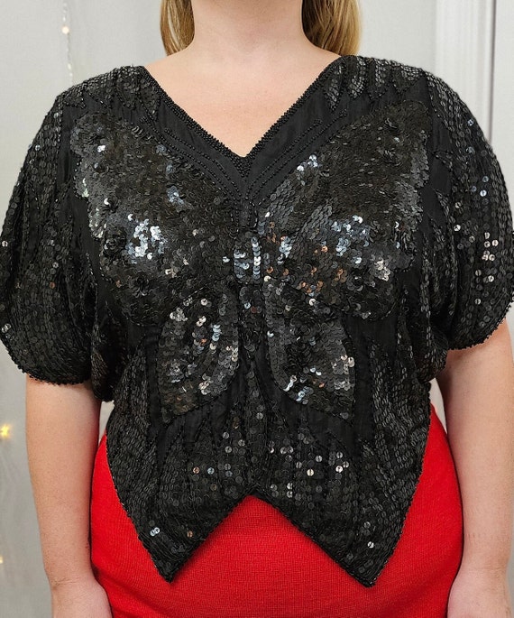 Vintage 1980s silk and sequin butterfly top