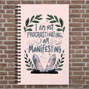 May include: A pink spiral bound notebook with the text "I am not procrastinating, I am manifesting" in blue lettering. The text is surrounded by green leaves and two crystal-like objects.