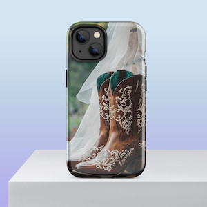 Country Rustic Wedding iPhone Case – Brown Western Boots with White Chiffon, Country Bride Phone Cover, Engagement, Country Bride
