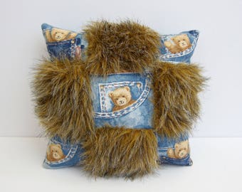 Teddy Bear Pillow / Teddy Bear Fabric / Small Pillow / Denim Pillow / Pincushion