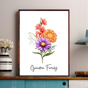 Bouquet de famille de fleurs de naissance, oeuvre d'art personnalisée pour fleurs de naissance, bouquet du jardin de grand-mère, conception de fleurs de famille, nom personnalisé et impression de fleurs