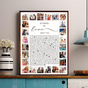 60 razones por las que amamos a nuestros padres, regalo de cumpleaños importante para ellos, plantilla de collage de fotos personalizable, regalos para el 60.° cumpleaños, regalo personalizado para mamá