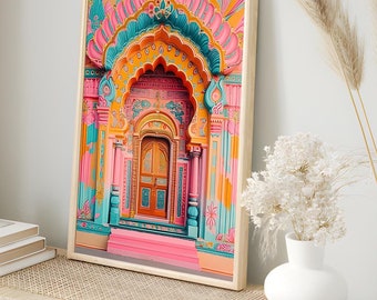 Peut inclure: Une porte ornée et colorée avec une arche rose, bleue et jaune. La porte est d'un jaune vif avec des détails complexes. La porte est encadrée d'un cadre en bois.