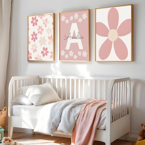 Gänseblümchen Wandkunst 3er-Set, Benutzerdefinierte Gänseblümchen-Kinderzimmer-Drucke, Boho Mädchenzimmer Dekor, Blumenkindergarten-Wanddrucke, Blumendruck-Set für Babyzimmer