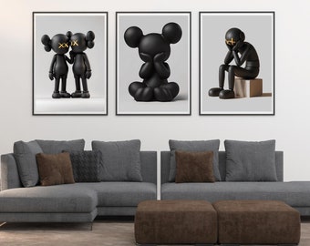 Póster de Kaws, juego de 3 láminas Hypebeast, decoración de habitación Hypebeast KAWS, láminas artísticas minimalistas de KAWS, arte mural con grafitis, arte mural urbano