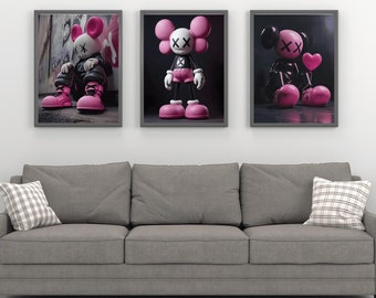 Póster de Kaws, juego de 3 láminas Hypebeast, decoración de habitación Hypebeast KAWS, láminas artísticas minimalistas de KAWS, arte mural con grafitis, arte mural urbano
