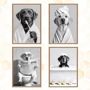 Aangepaste huisdier portretten bad, grappige toiletkunst met huisdieren, hond in bad kunst aan de muur, zwart-wit huisdier kunst, huisdier minnaar cadeau, hond moeder uniek cadeau