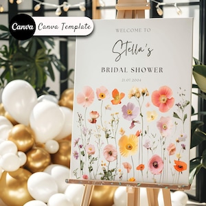 Floral Brautdusche Willkommensschild, Wildblumen Hochzeit Willkommensschild Vorlage, druckbares Brautparty Zeichen, bearbeitbare Canva Vorlage
