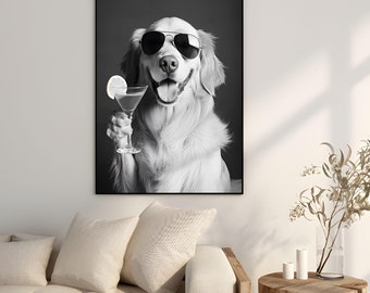 Grappige golden retriever kunst aan de muur, cocktail-liefhebbende hond muur print, huisdier kunst voor thuis bar decor, speels golden retriever cadeau, bar kar decor