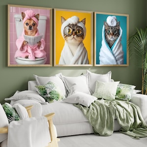 Aangepaste huisdier portretten bad, grappige toiletkunst met huisdieren, hond in bad kunst aan de muur, zwart-wit huisdier kunst, huisdier minnaar cadeau, hond moeder uniek cadeau
