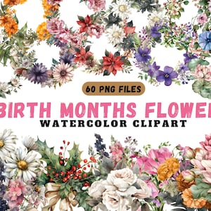 Clipart mois de naissance, fleur de naissance imprimable, clipart botanique, aquarelle PNG floral antique, Clipart floral, lot de fleurs bricolage mois de naissance