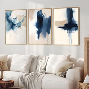 Navy Blue Wall Art Set of 3, Blue Modern Abstract Decor, Navy Blue Living Room Art, Bedroom Abstract Art Trio, Modern Brush Strokes Prints