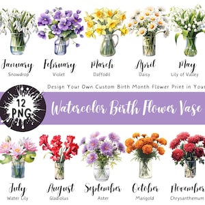 Clipart pour le mois de naissance, vase de fleurs pour le mois de naissance, lot de fleurs bricolage pour le mois de naissance, graphiques floraux pour le mois de naissance, imprimés fleurs pour le mois de naissance