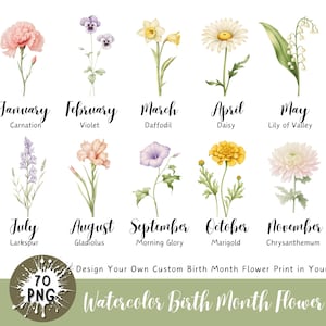 Clipart fleur mois de naissance, aquarelle mois de naissance, graphique de bouquet de fleurs, aquarelle de fleurs, lot de fleurs botaniques de naissance, clipart floral