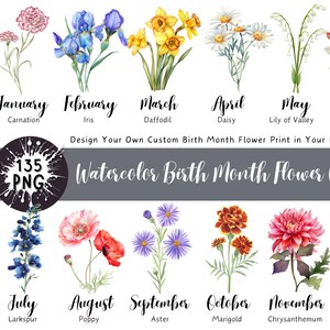 Clipart mois de naissance, graphiques de bouquet de fleurs, cadeau de fête des mères, clipart floral, lot de fleurs bricolage mois de naissance, aquarelle Floral antique PNG