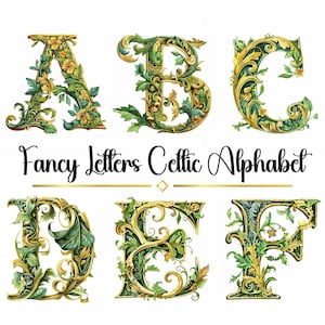 Letras Celtas Florais, Arte Alfabética Iluminada, Monograma Decorativo Elegante, Letras Verdes Elegantes, Design de Fantasia Mística, Sublimação