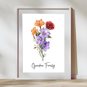 Geburtsblumen-Familienstrauß, Omas Gartenstrauß, Geburtsmonat Blumengeschenk, personalisierte Geburtsblumenkunst, benutzerdefinierte Familienkunstdruck