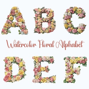 Alfabeto en acuarela, alfabeto floral pastel, letras florales, letras en acuarela, pegatinas, letras elegantes