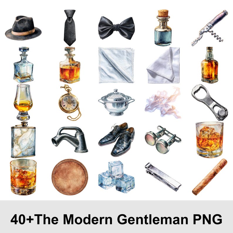 May include: Watercolor illustration of various gentleman's accessories, including a fedora, tie, bow tie, pocket watch, shoes, and a cigar. Other items include a bottle, glass of whiskey, and ice cubes. Text reads "40+ The Modern Gentleman PNG."