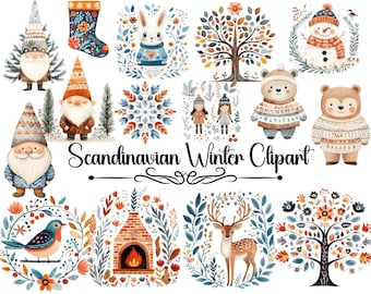 Scandinavian Winter Clipart, Nordic Xmas Clipart, Watercolor Scandinavian Christmas Gnome, Winter Holiday, Scandinavian Christmas Watercolor