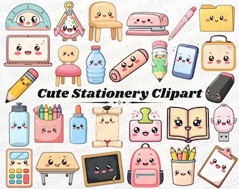 Kawaii School Supplies Clipart Set - Cute Back to School Stationery Digital Download for Teacher Planner & Kids Crafts