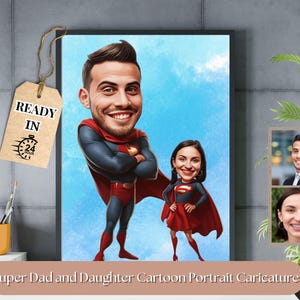 Retrato de pai e filha, desenho de super-herói personalizado, presente de super-herói para o dia dos pais, presente de desenho animado de super-herói, caricatura de família de super-herói