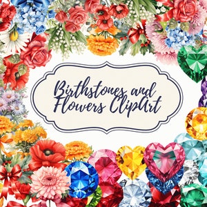 Birth Month Flower Clipart, Birth Stone Clipart, Birth Flower PNG, Flower Bouquet Graphics, Birthday Flower, Floral Botanical PNG, Birth Gem