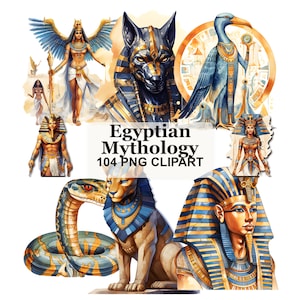 May include: A collection of digital illustrations featuring Egyptian mythology figures including Anubis, a winged deity, a bird-headed god, a snake, a sphinx, and pharaohs, with the text Egyptian Mythology 104 PNG CLIPART centred in the middle.