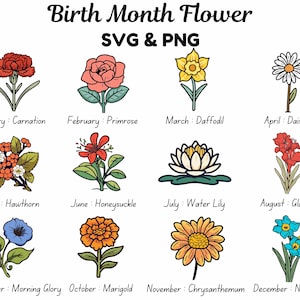 Birth Month Flower SVG, Birth Flower Svg, Antique Floral PNG, Flower Bouquet Frame, Birthday Flower SVG, Floral Png Bundle, Wildflower Png