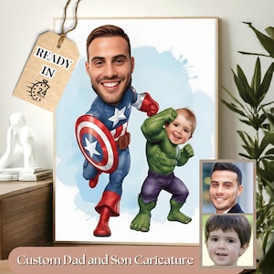 Caricatura de desenho animado de super-herói, retrato de desenho animado de pai e filho, retrato de super-herói de família, herói de desenho animado personalizado, presente de retrato de super-herói para pai