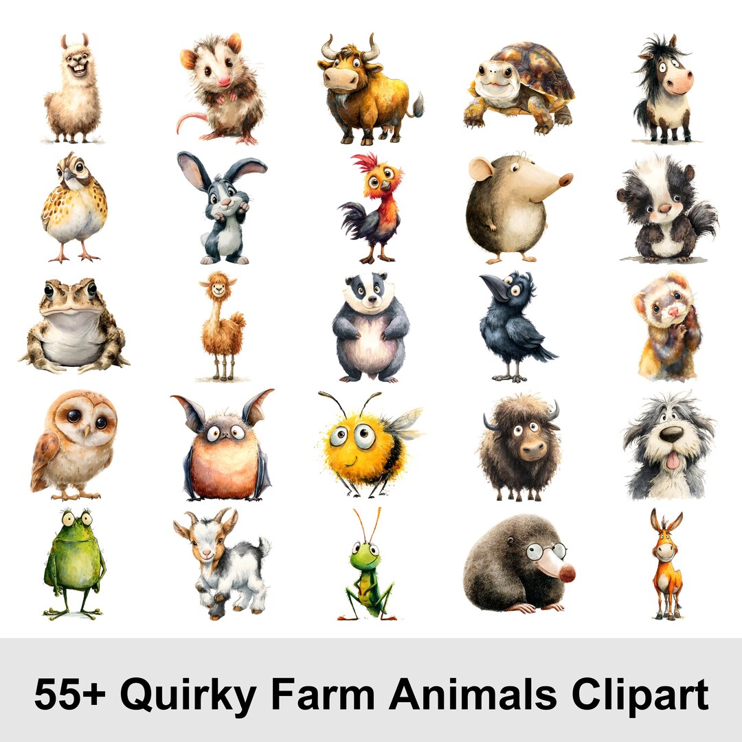 Quirky Farm Animals Clipart Bundle | 55+ Whimsical Animals PNG | Cute ...