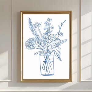 Blaue Blumenvase, blaue Blumen Stillleben Zeichnung, Blumenstrauß Kunstdruck, Boho ästhetisches Plakat, druckbare Blumen botanische Wandkunst