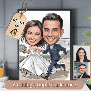 Caricatura di coppia, cartone animato di sposi e spose, caricatura della festa di nozze, caricatura digitale personalizzata, regalo divertente per anniversario, regalo di coppia di cartoni animati