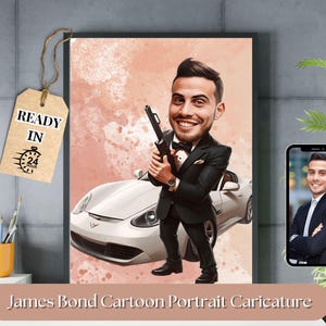 James Bond Poster, Benutzerdefinierte Spionage Karikaturzeichnung, Geheimagent Geschenkidee, 007-Karikatur, Einzigartiges Actionfilmgeschenk, Geschenk für Ihn