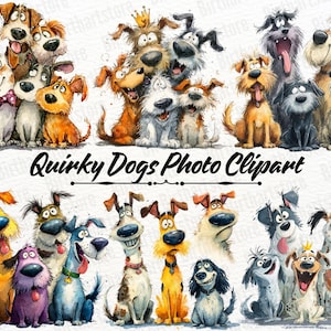 Könnte beinhalten: Eine Sammlung skurriler Hundeillustrationen in verschiedenen Rassen und Posen. Die Hunde sind mit ausdrucksstarken Gesichtern und leuchtenden Farben dargestellt, einige tragen Accessoires. Der Text "Quirky Dogs Photo Clipart" wird darunter angezeigt.